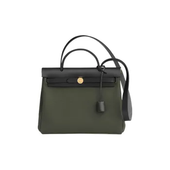 HERMES Herbag Zip Canvas With Leather Portable Canvas Bag Shoulder Bag Crossbody Bag Women's Gray Green/Black