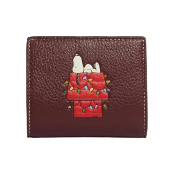 COACH Peanuts Snoopy Collaboration Snap Wallet Pebbled Leather Card Holder Wallet Women's Burgundy