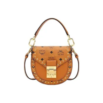 MCM Patricia Visetos Artificial Leather Saddle Bag, Shoulder Bag, Crossbody Bag Mini Women's Brown Cognac