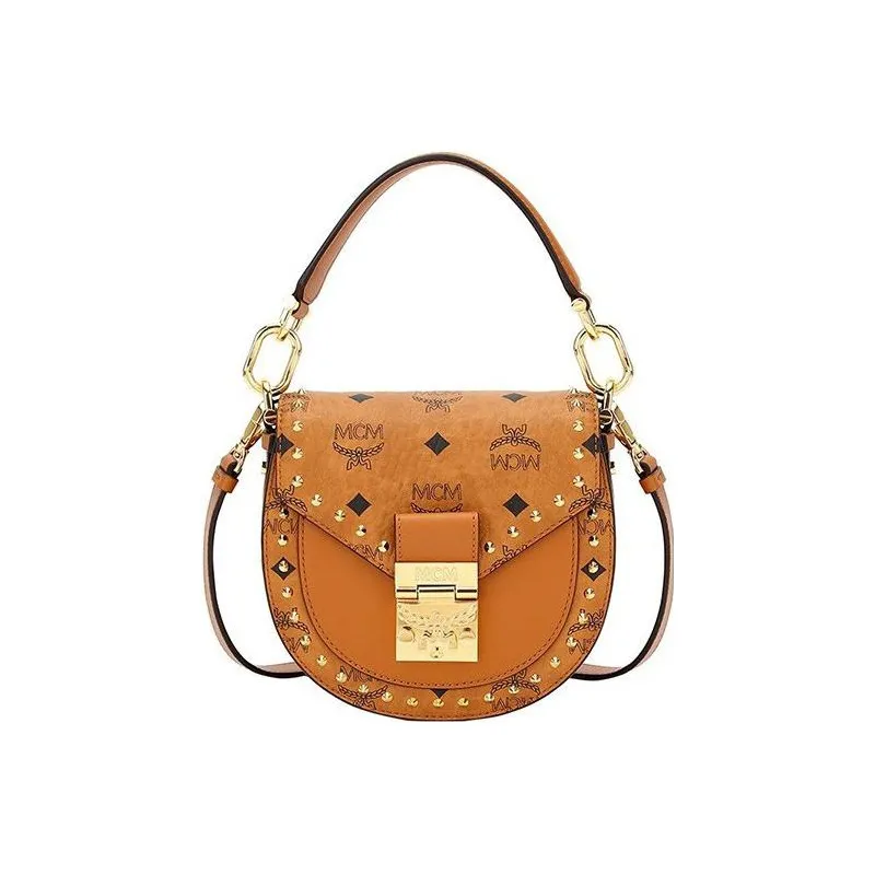 MCM Patricia Visetos Artificial Leather Saddle Bag, Shoulder Bag, Crossbody Bag Mini Women's Brown Cognac-0