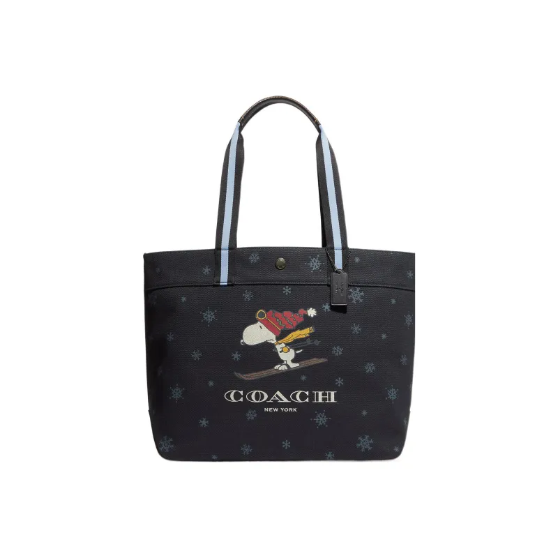 COACH Peanuts Snoopy Collaboration Canvas With Calfskin Tote Bag, Shopping Bag, Canvas Bag, Shoulder Bag Women's Black-0
