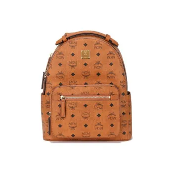 MCM Stark Visetos Leather Handbag Backpack Small Size Unisex Brown Cognac