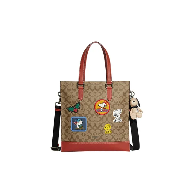 COACH Peanuts Snoopy Collaboration Pebbled Leather With Canvas Bag Charm Bag Merch Women's White & Black-7