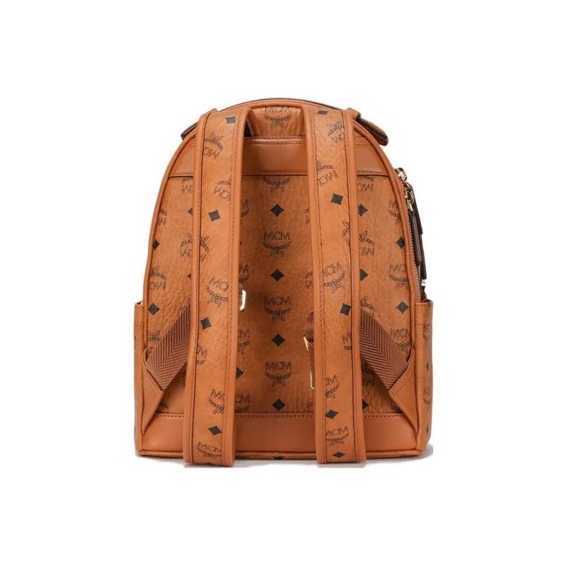 MCM Stark Visetos Leather Handbag Backpack Trumpets Unisex Brown Cognac-2