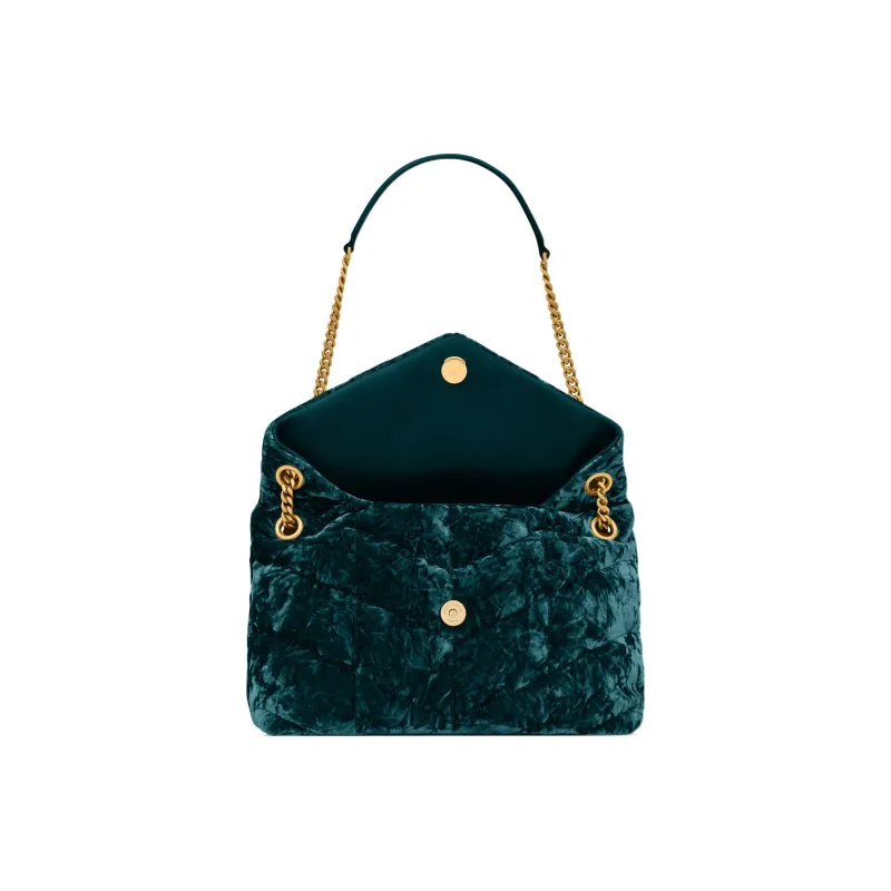 SAINT LAURENT PUFFER Fabric Cow Leather Patchwork Portable Crossbody Bag Shoulder Bag Women's Bright Emerald-3