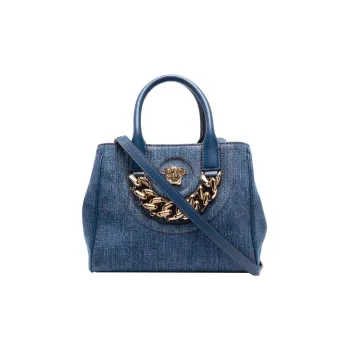VERSACE Cotton With Calfskin Shoulder Bag Crossbody Bag Handbag Women's Navy