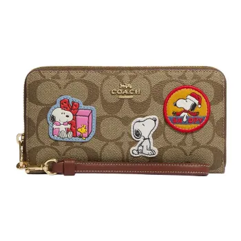 COACH Peanuts Snoopy Collaboration Zip Around Canvas With Leather Card Holder Wallet Women's Khaki