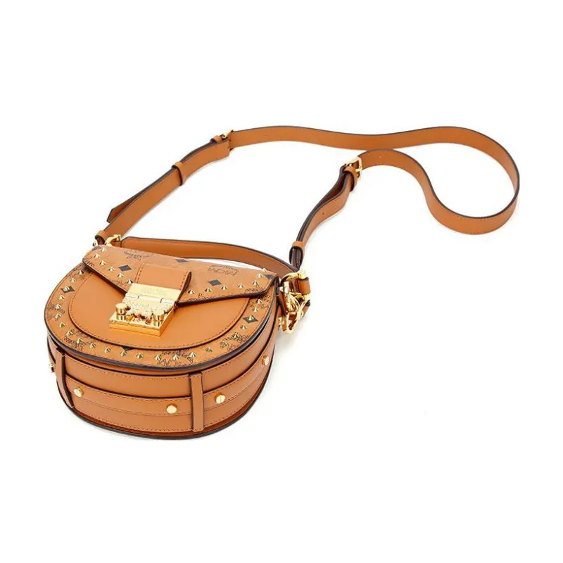 MCM Patricia Visetos Artificial Leather Saddle Bag, Shoulder Bag, Crossbody Bag Mini Women's Brown Cognac-3