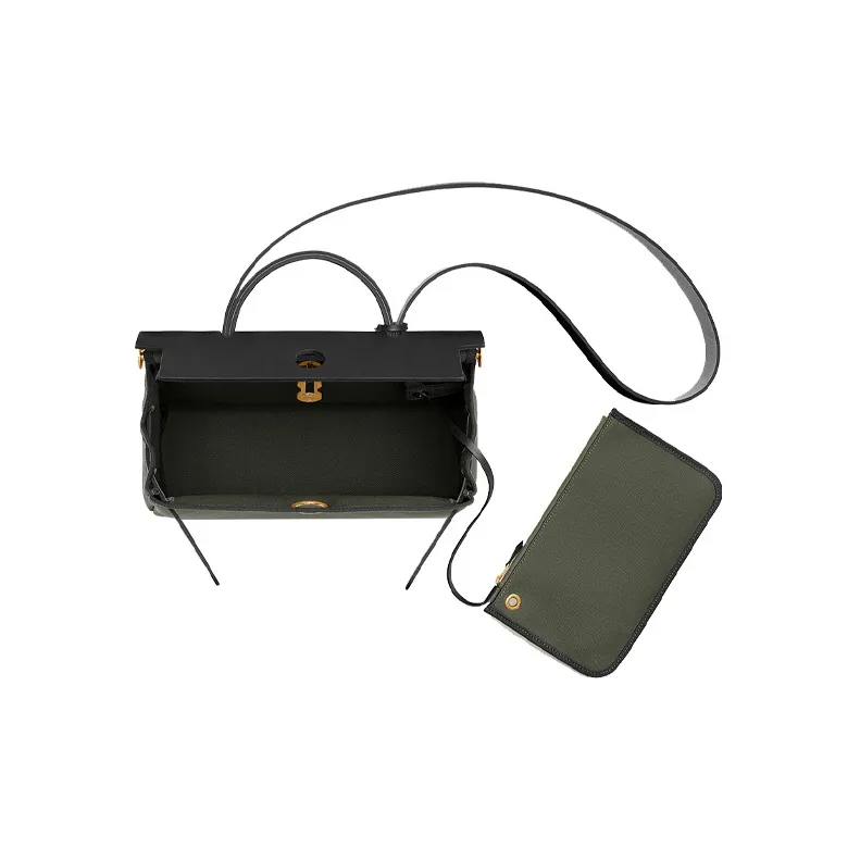 HERMES Herbag Zip Canvas With Leather Portable Canvas Bag Shoulder Bag Crossbody Bag Women's Gray Green/Black-3