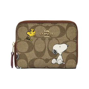 COACH Peanuts Snoopy Collaboration Zip Around Canvas With Leather Card Holder Wallet Small Size Men's Khaki