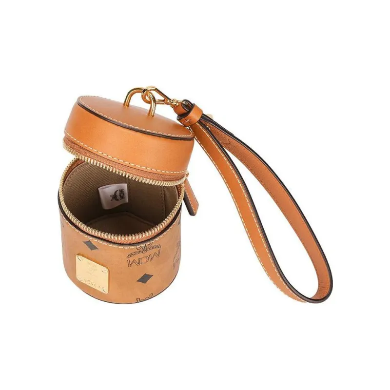 MCM Aren Visetos Leather Cylinder Bag, Crossbody Bag, Shoulder Bag Extra Mini Women's Brown Cognac-2