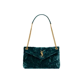 SAINT LAURENT PUFFER Fabric Cow Leather Patchwork Portable Crossbody Bag Shoulder Bag Women's Bright Emerald