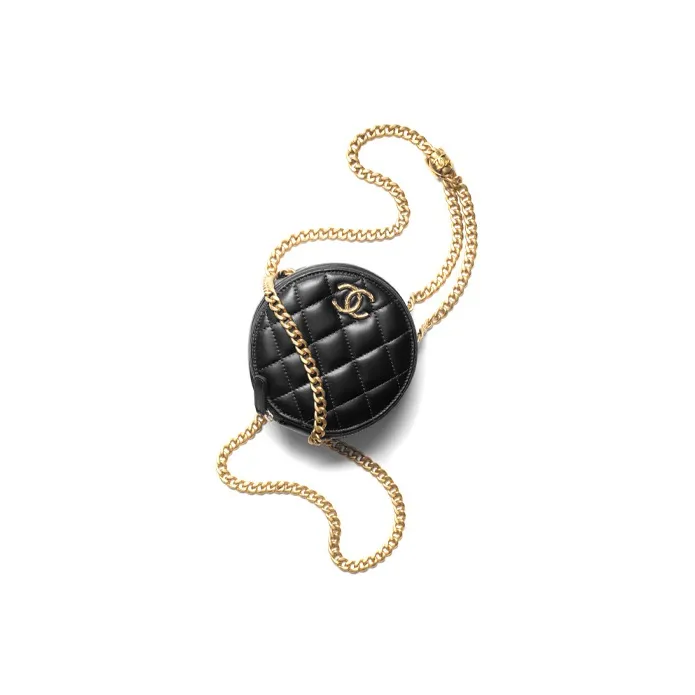 CHANEL 22K Autumn And Winter Sheepskin Evening Bag, Round Bag, One Shoulder Crossbody Clutch Women's Black-0