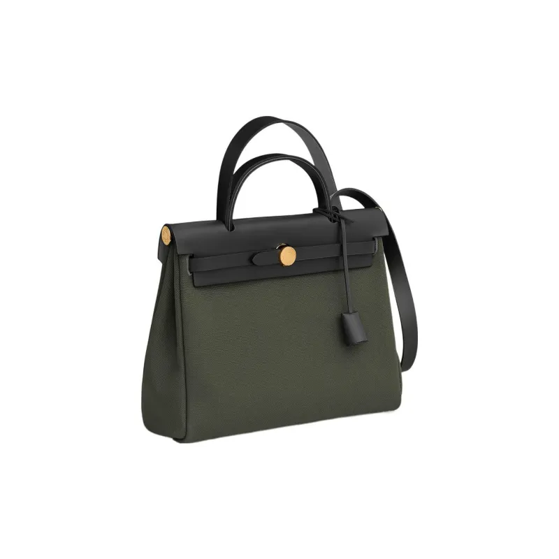 HERMES Herbag Zip Canvas With Leather Portable Canvas Bag Shoulder Bag Crossbody Bag Women's Gray Green/Black-1