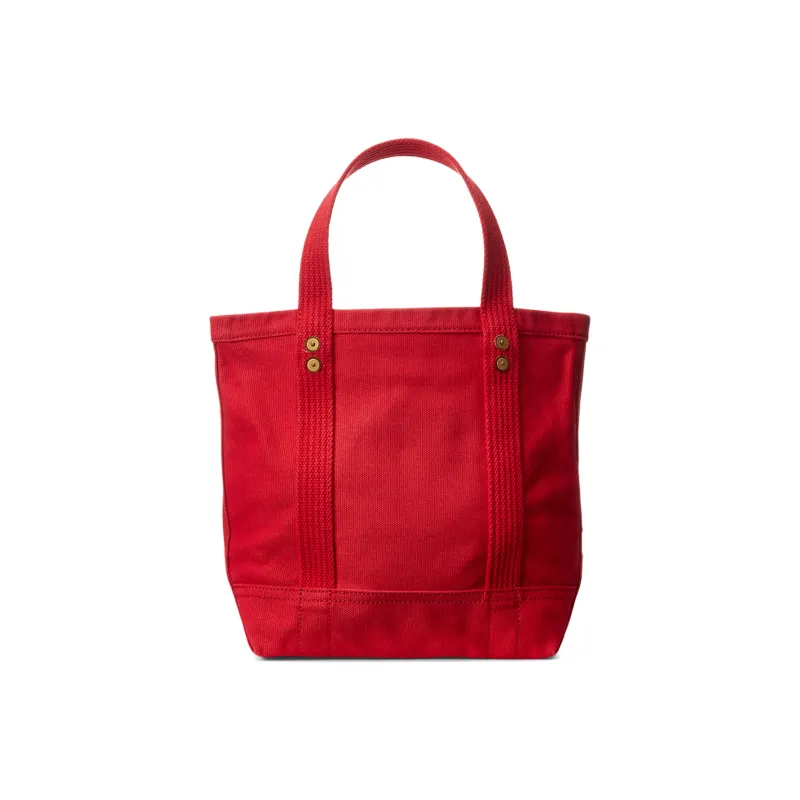 Polo Ralph Lauren Polo ID Fabric Cow Leather Patchwork Tote Bag Shopping Bag Handbag Small Size Women's Red-1