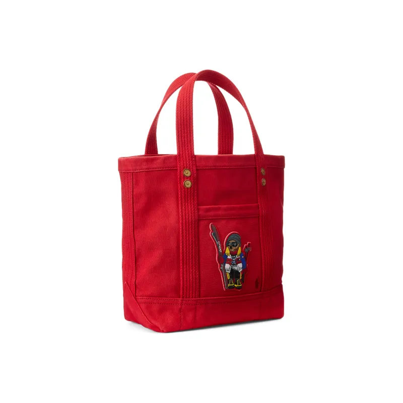 Polo Ralph Lauren Polo ID Fabric Cow Leather Patchwork Tote Bag Shopping Bag Handbag Small Size Women's Red-2