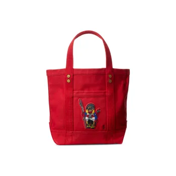Polo Ralph Lauren Polo ID Fabric Cow Leather Patchwork Tote Bag Shopping Bag Handbag Small Size Women's Red