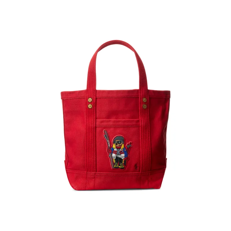 Polo Ralph Lauren Polo ID Fabric Cow Leather Patchwork Tote Bag Shopping Bag Handbag Small Size Women's Red-0