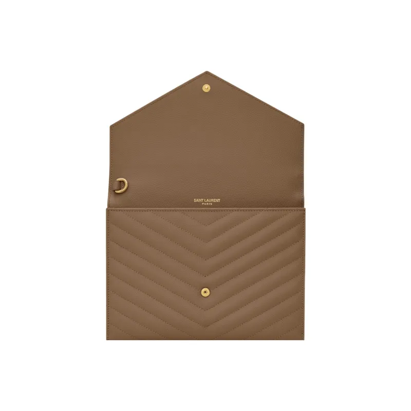 SAINT LAURENT CASSANDRE Calfskin Patchwork Leather Detail Wrist Bags Clutches Women's Taupe-2