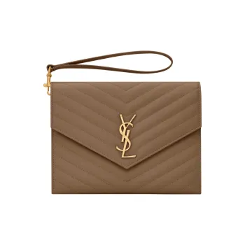 SAINT LAURENT CASSANDRE Calfskin Patchwork Leather Detail Wrist Bags Clutches Women's Taupe