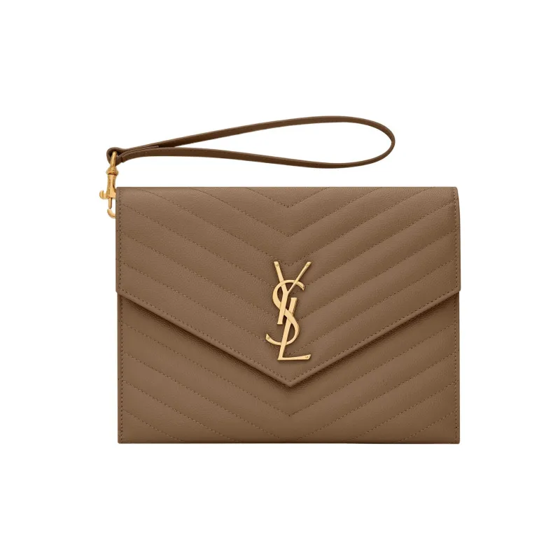 SAINT LAURENT CASSANDRE Calfskin Patchwork Leather Detail Wrist Bags Clutches Women's Taupe-0