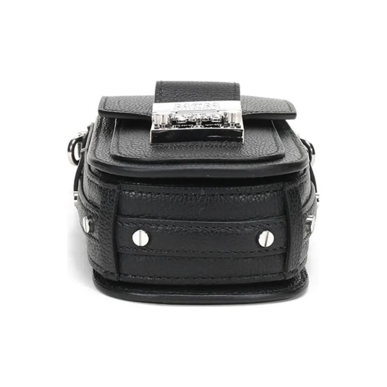 MCM Leather One Shoulder Crossbody Chain Bag With Cell Phone Pouch Mini Women's Black-4