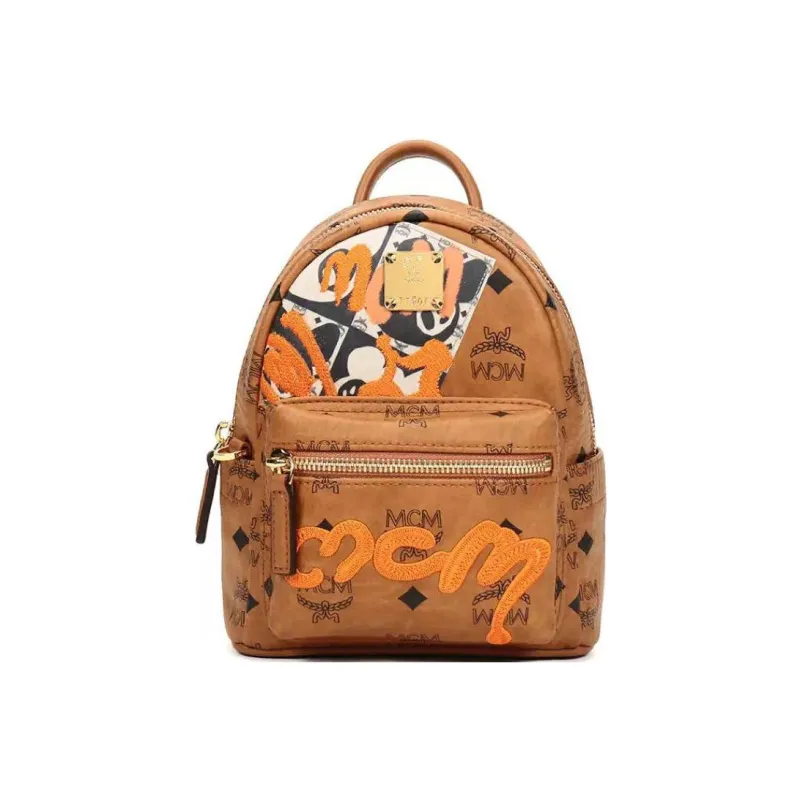MCM Stark Visetos Leather Crossbody Backpack Small Size Unisex Cognac-0