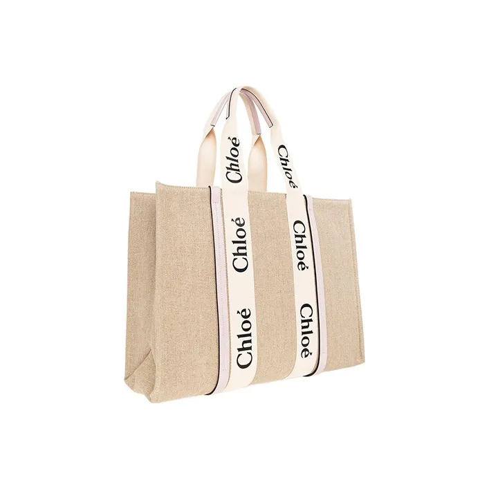 Chloe Woody Linen With Canvas And Calfskin Trim Canvas Bag Tote Bag Shopping Bag Handbag Large Size Women's Pink-1