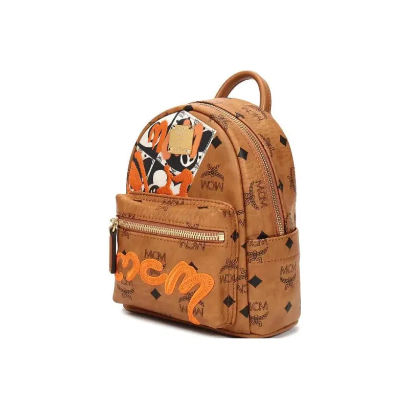 MCM Stark Visetos Leather Crossbody Backpack Small Size Unisex Cognac-1