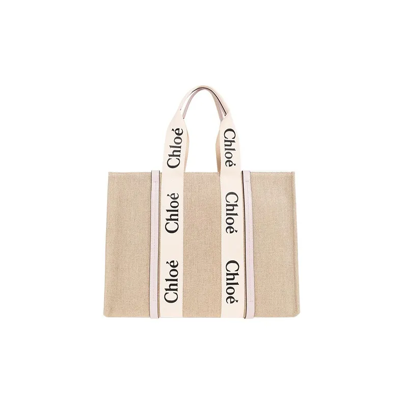 Chloe Woody Linen With Canvas And Calfskin Trim Canvas Bag Tote Bag Shopping Bag Handbag Large Size Women's Pink-2