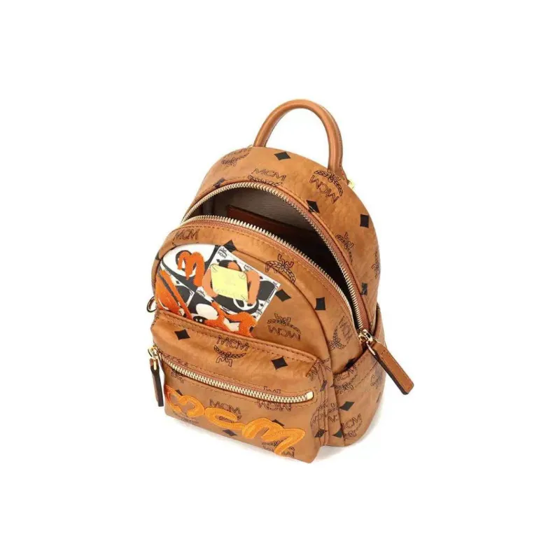 MCM Stark Visetos Leather Crossbody Backpack Small Size Unisex Cognac-5