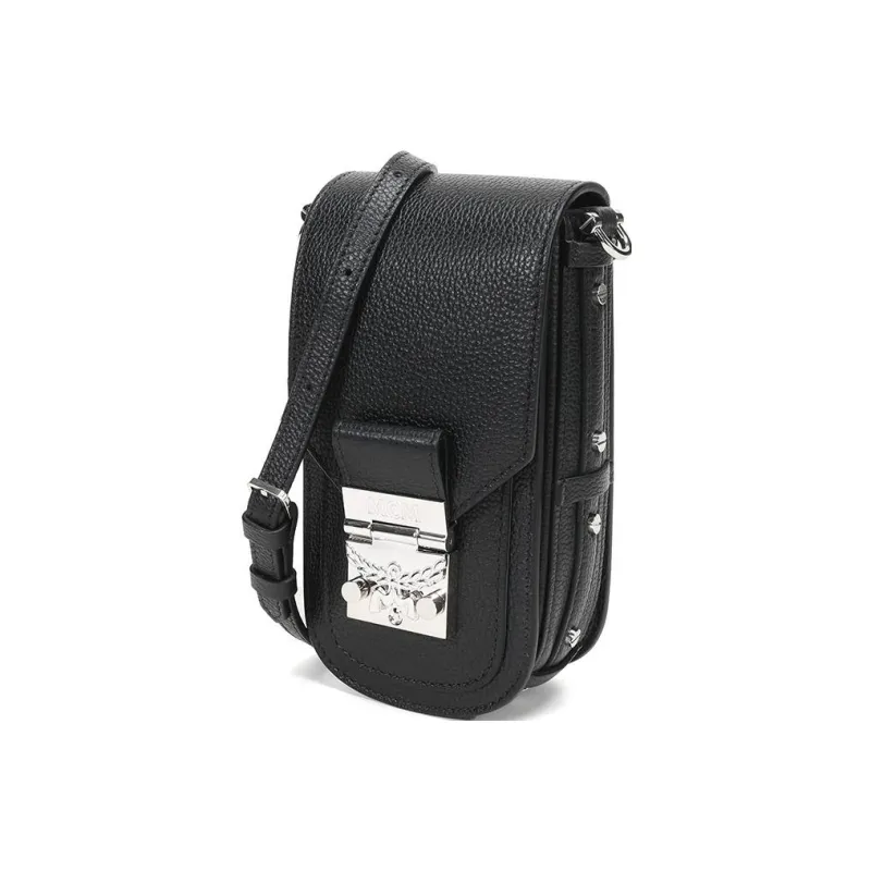 MCM Leather One Shoulder Crossbody Chain Bag With Cell Phone Pouch Mini Women's Black-1