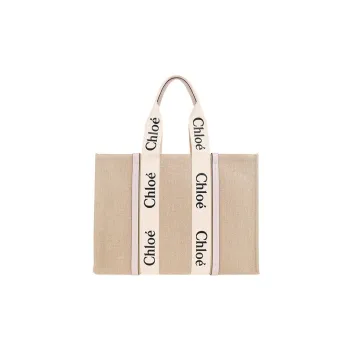Chloe Woody Linen With Canvas And Calfskin Trim Canvas Bag Tote Bag Shopping Bag Handbag Large Size Women's Pink