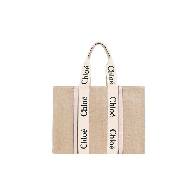 Chloe Woody Linen With Canvas And Calfskin Trim Canvas Bag Tote Bag Shopping Bag Handbag Large Size Women's Pink-0