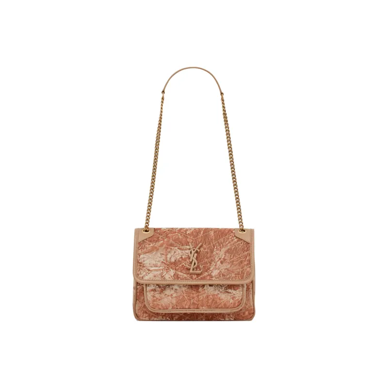 SAINT LAURENT Niki Fabric Cow Leather Patchwork Hobo Bag Crossbody Bag Shoulder Bag Women's Vintage Pink-0