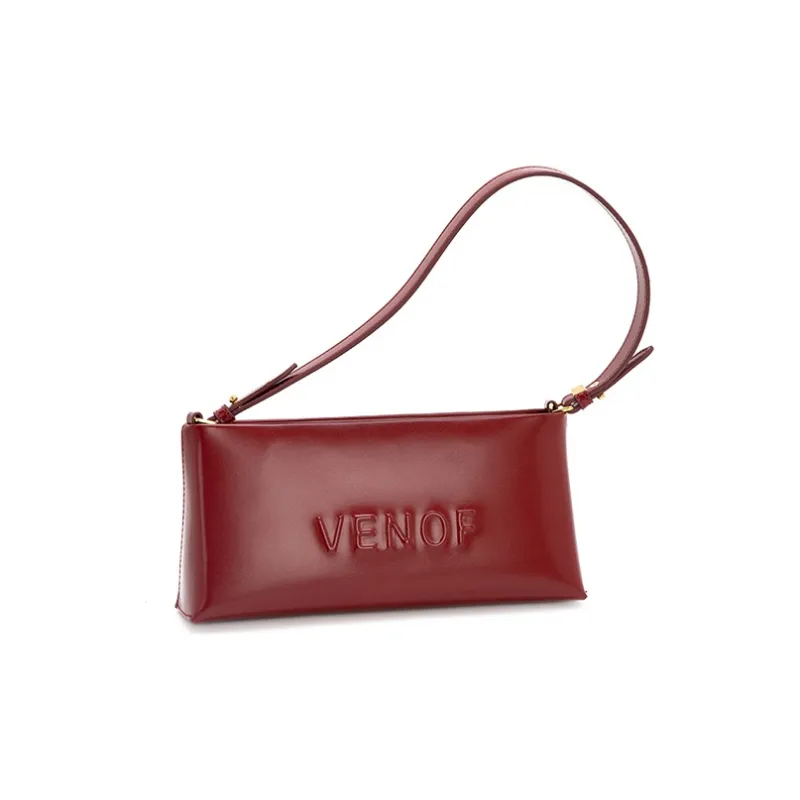 VENOF Cow Leather Shoulder Bag, Small Square Bag, Handbag, Shoulder Bag Women's Van Dyke Brown Minior Red-7