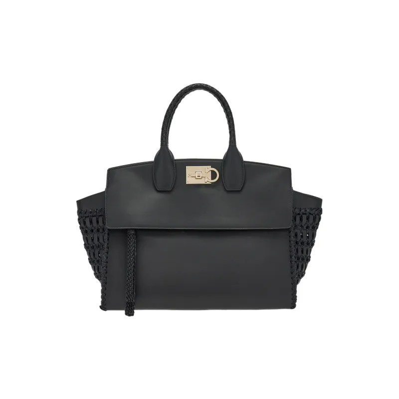 FERRAGAMO Studio Cow Leather Shoulder Bag Crossbody Bag Handbag Large Size Women's Black-0