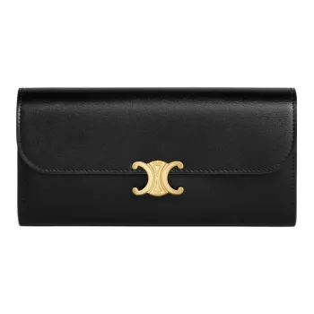 CELINE Triomphe Glossy Calfskin Wallet Large Size Women's Black
