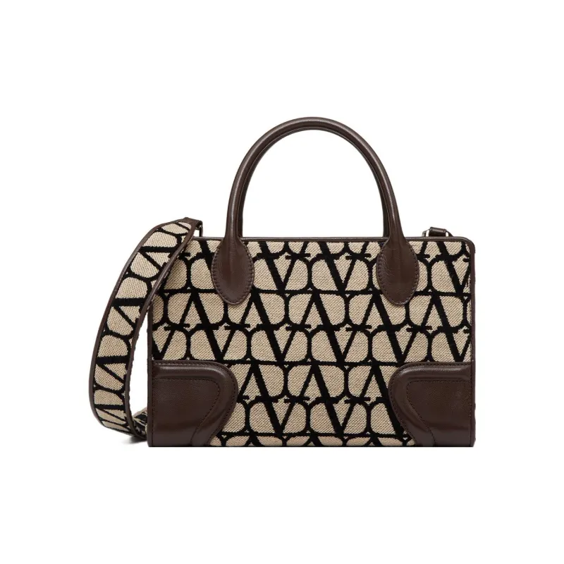 Valentino Canvas With Goatskin Tote Bag Shopping Bag Shoulder Bag Crossbody Bag Handbag Small Size Women's Beige/Black-1