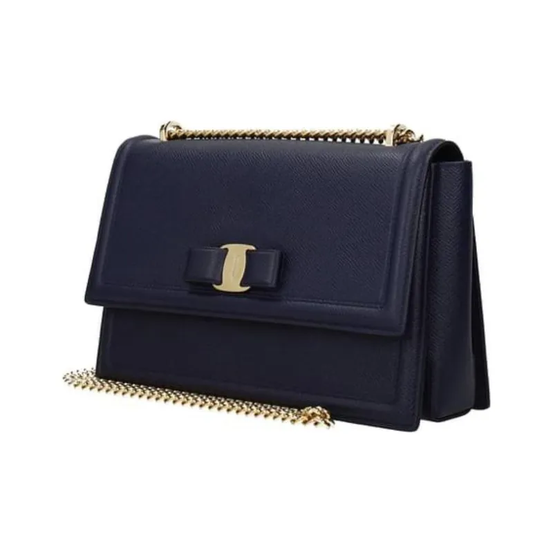 FERRAGAMO Calfskin Bowknot Bag Chain Bag Handbag Shoulder Bag Crossbody Bag Women's Navy Blue-1