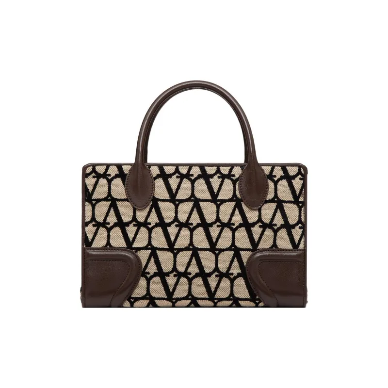 Valentino Canvas With Goatskin Tote Bag Shopping Bag Shoulder Bag Crossbody Bag Handbag Small Size Women's Beige/Black-0
