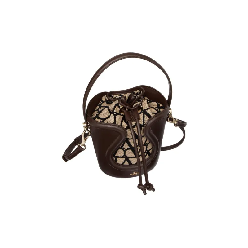 Valentino Goatskin With Fabric Detail Bucket Bag, Shoulder Bag, Crossbody Bag, Handbag Women's Beige/Black-4