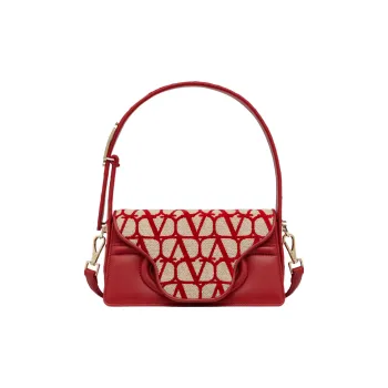 Valentino Canvas With Goatskin Detail Shoulder Bag, Crossbody Bag, Handbag Small Size Women's Beige/Red