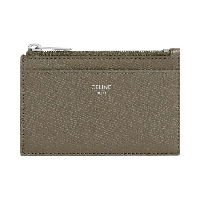 CELINE Grain Calfskin Coin Purse, Card Holder Men's Olive Green-0
