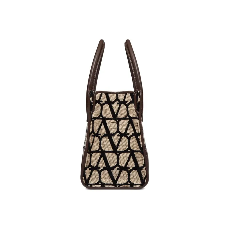 Valentino Canvas With Goatskin Tote Bag Shopping Bag Shoulder Bag Crossbody Bag Handbag Small Size Women's Beige/Black-3