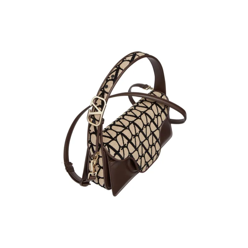 Valentino Canvas With Goatskin Detail Shoulder Bag, Crossbody Bag, Handbag Women's Beige/Black-4