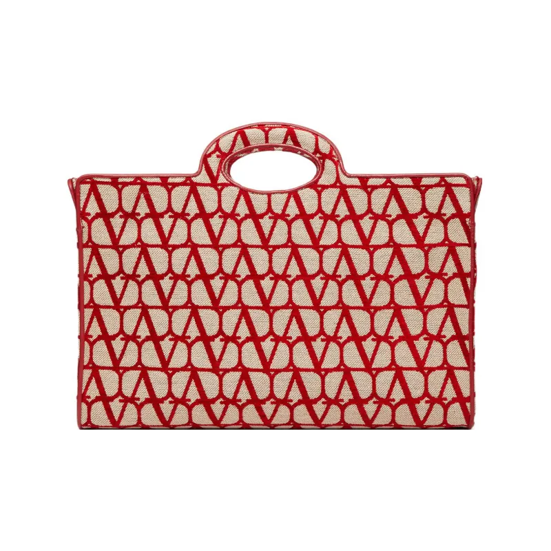 Valentino Fabric Tote Handbag Shopping Bag Large Size Women's Beige/Red-1
