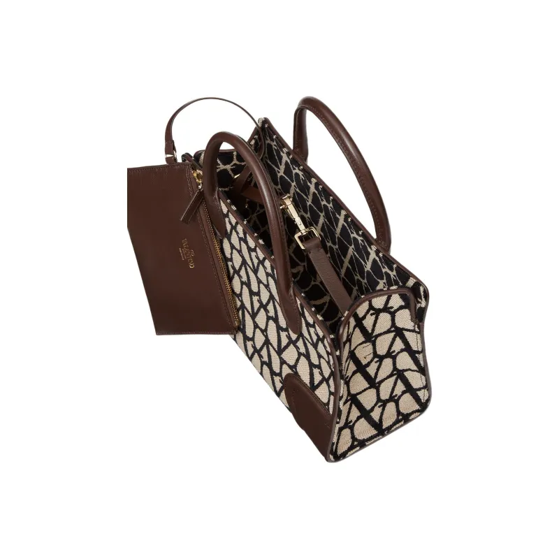 Valentino Canvas With Goatskin Tote Bag Shopping Bag Shoulder Bag Crossbody Bag Handbag Small Size Women's Beige/Black-5