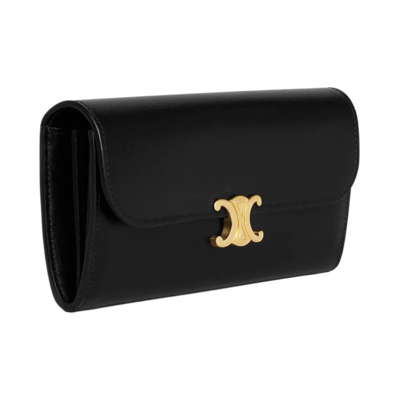 CELINE Triomphe Glossy Calfskin Wallet Large Size Women's Black-2