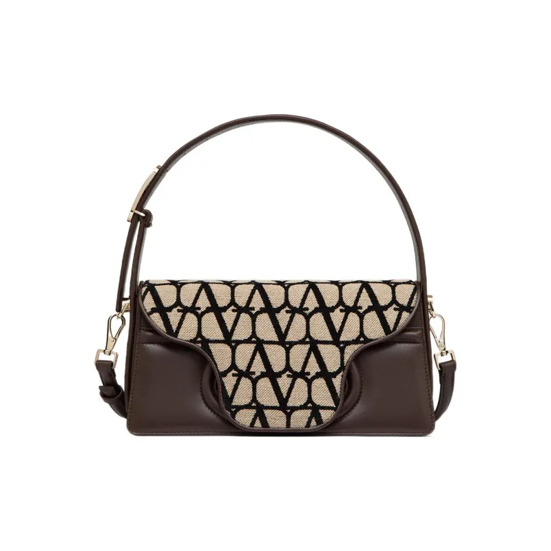 Valentino Canvas With Goatskin Detail Shoulder Bag, Crossbody Bag, Handbag Women's Beige/Black-0